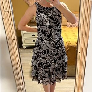 Robbie Bee Brown and White Geometric Ruffle Neck Midi Dress